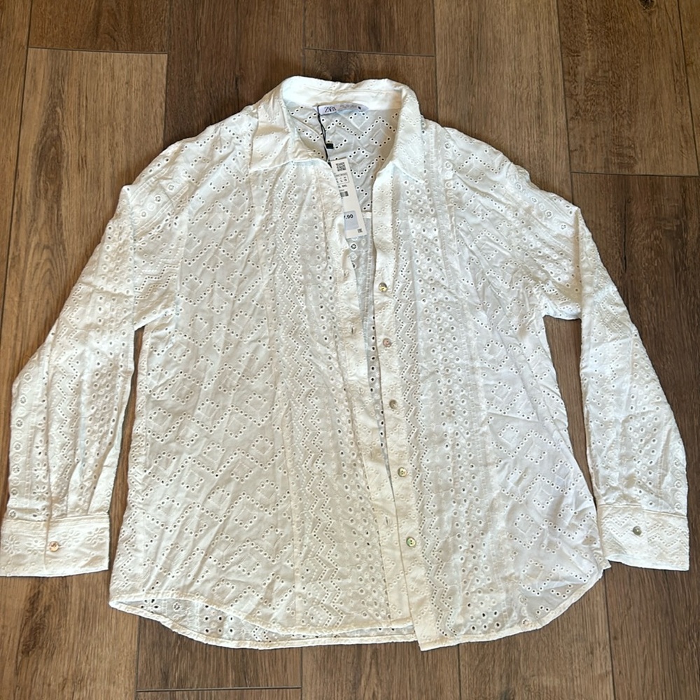 Zara white button down eyelet blouse